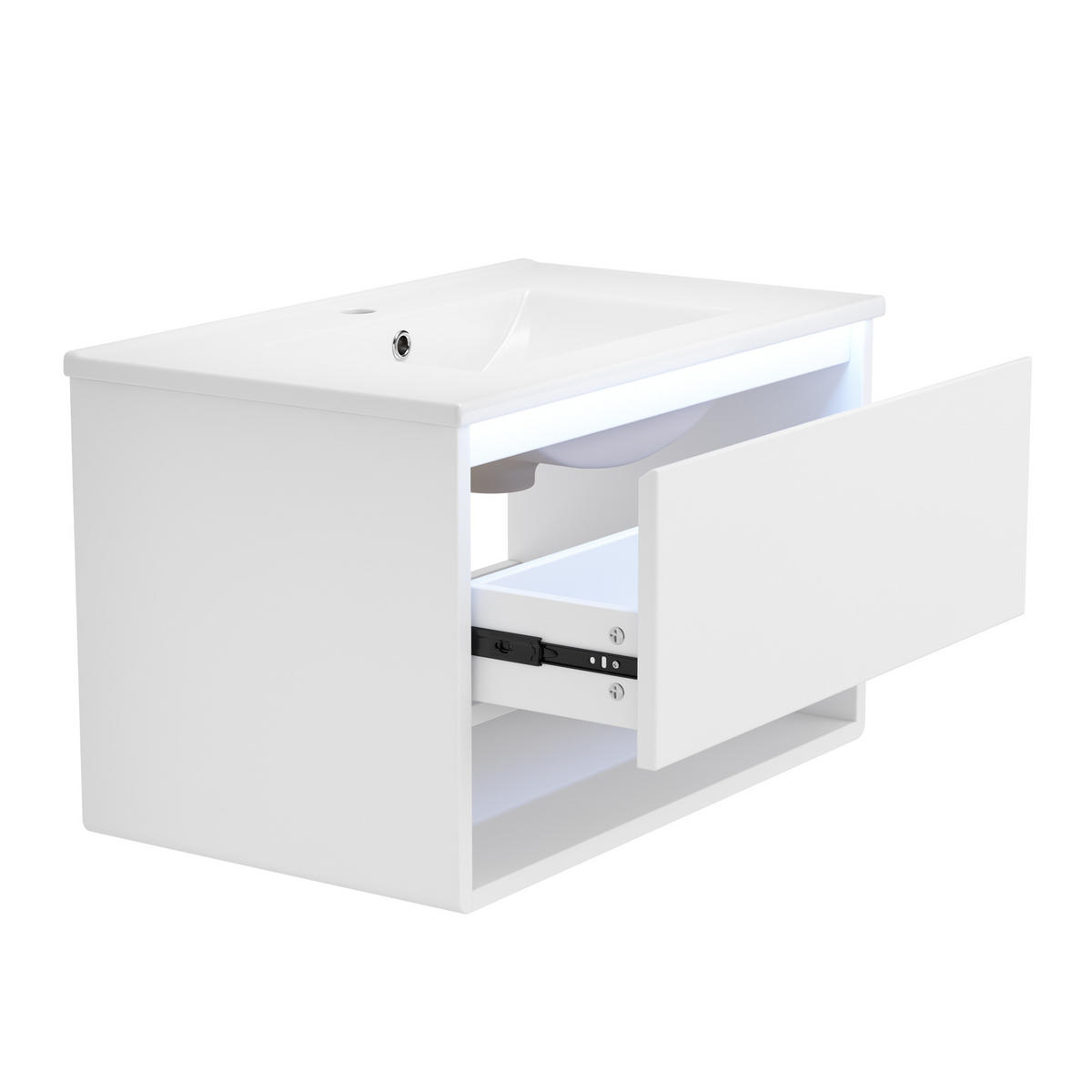 WASCHTISCHUNTERSCHRANK 76,5×46×45 cm, weiß, wandhängend, lackiert, mit LED-Bewegungssensor, 1 Schublade, offenem Fach, leisen Schienen, Waschbecken - Weiß, Holzwerkstoff (46/45/76cm) - Ej. Life