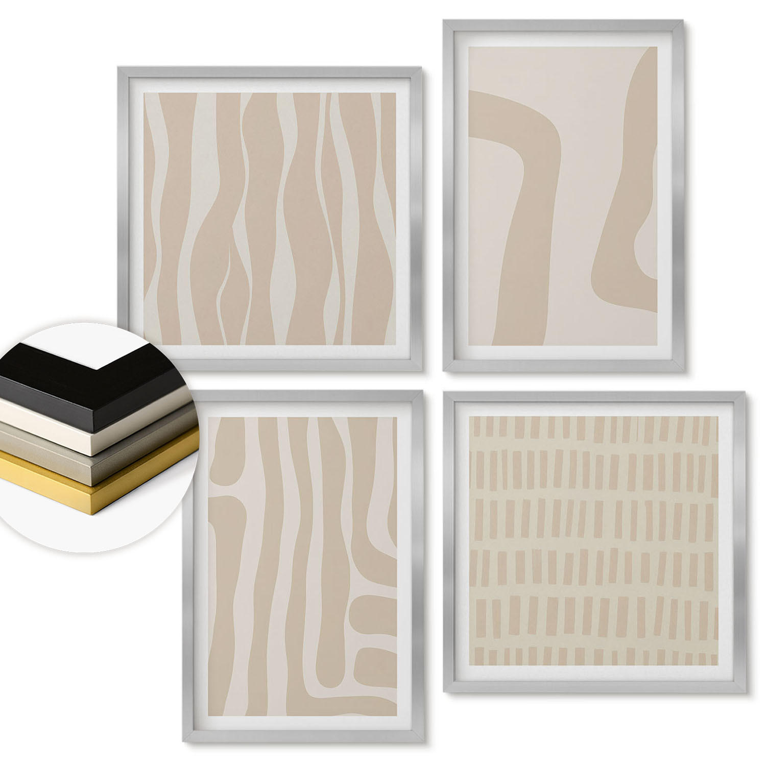 WANDBILDER 4er Set - 50x50 cm & 40x60 cm Silberner Rahmen - Abstrakte Boho-Musterformen - Silberfarben, Kunststoff (50/50cm) - ArtPrintCave