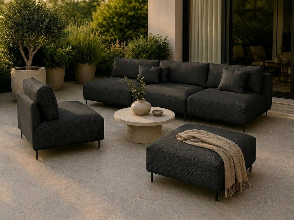 GARTEN Lounge Set SUN – Outdoor Möbel Set mit Sofa, Sessel und Hocker, UV-beständig und wasserabweisend - Schwarz, Textil - A&J MöbelLand
