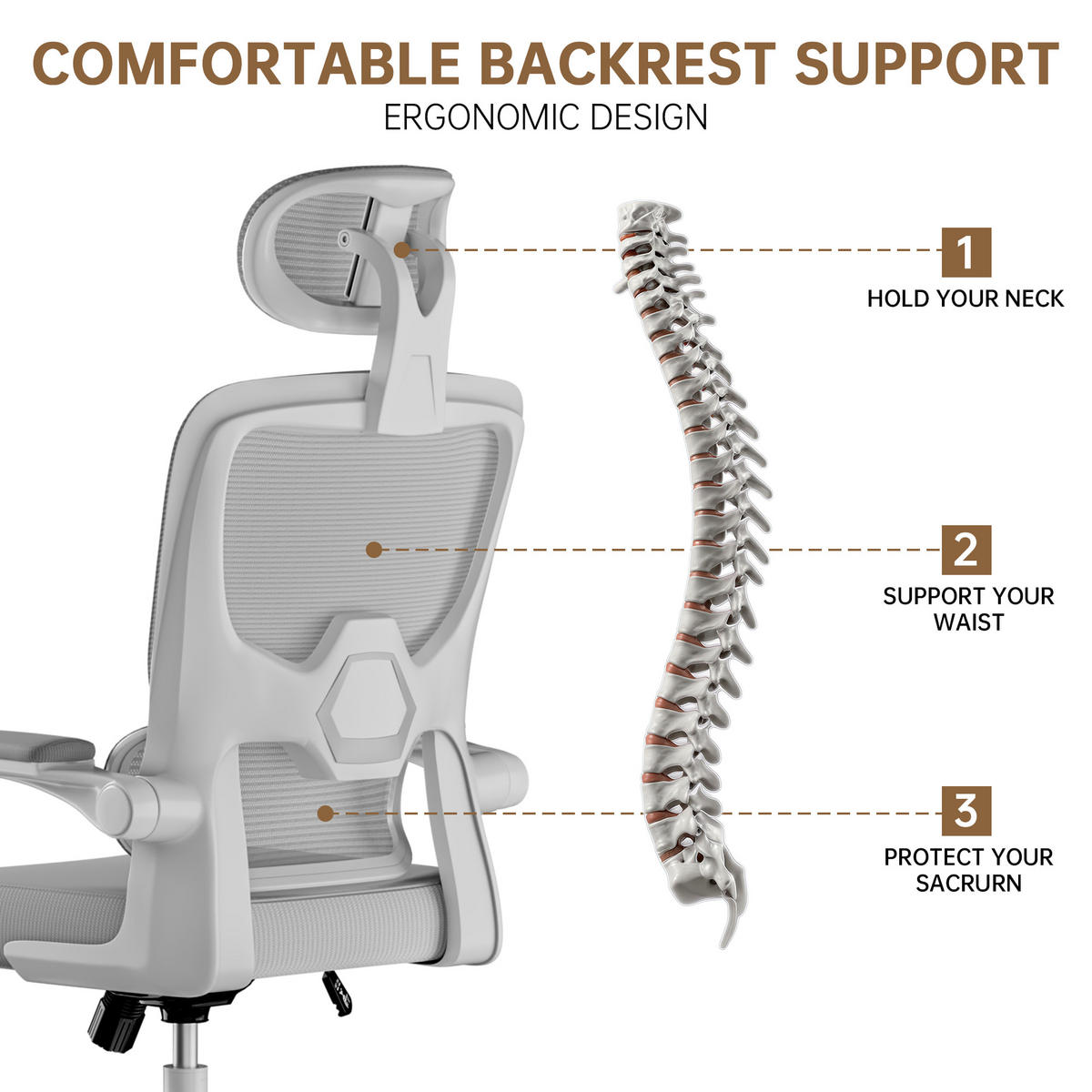 BÜROSTUHL Weiß-Grau ergonomisch mit klappbaren Armlehnen - Grau, Metall (25/52.5/65cm) - Rattrix
