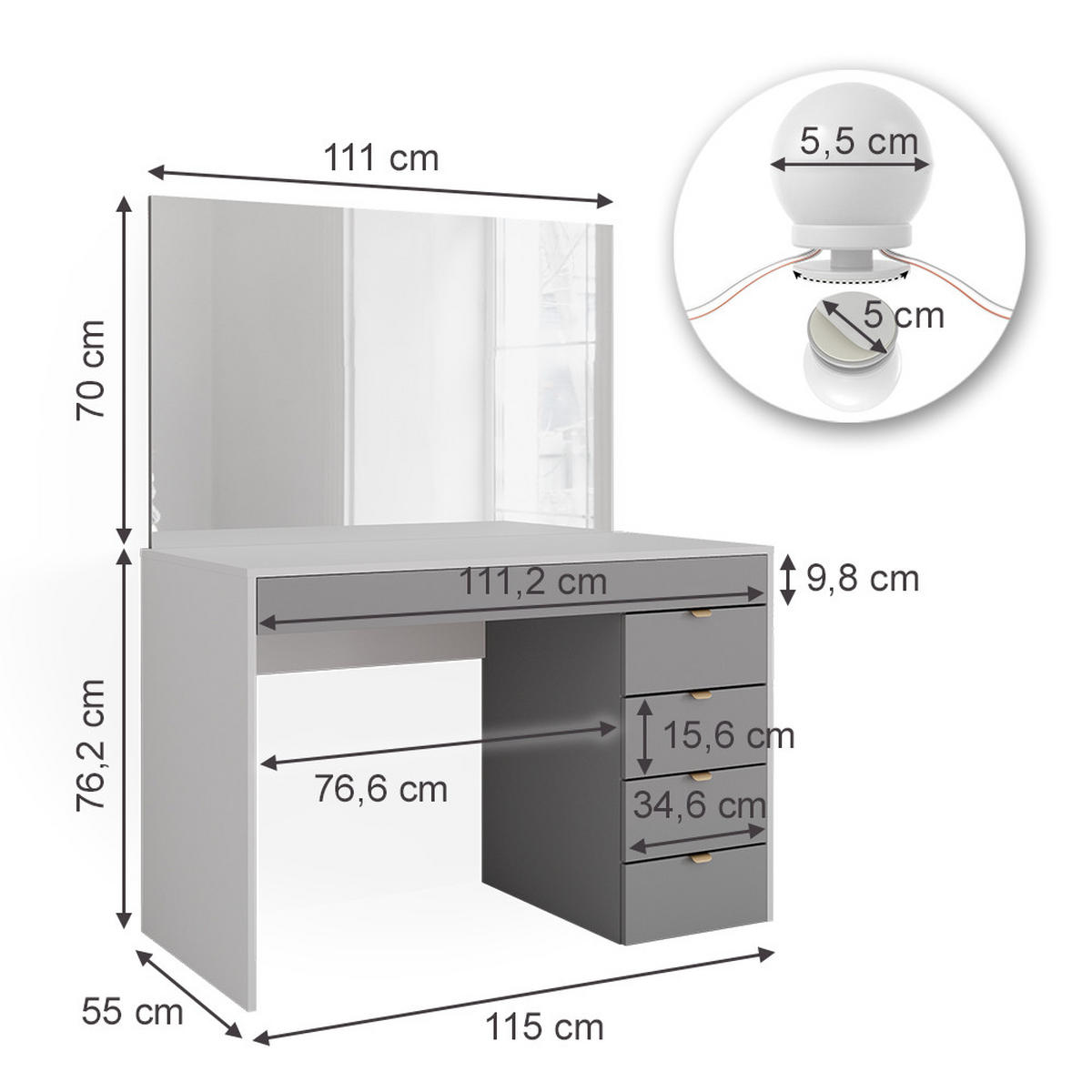 SCHMINKTISCH Elise Weiß/Grau/Grau 115 cm mit LED Beleuchtung - Weiß/Grau, Holzwerkstoff (115/76/55cm) - Vicco