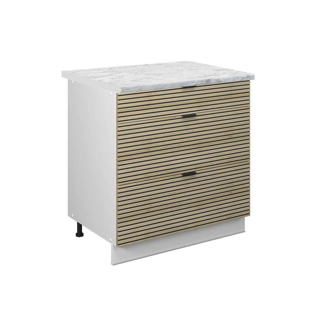 KÜCHENUNTERSCHRANK Fame-Line Eiche Paneel 80 cm mit 3 Schubladen, AP Marmor - Hellbraun/Weiß, Holzwerkstoff (80/82/60cm) - Vicco