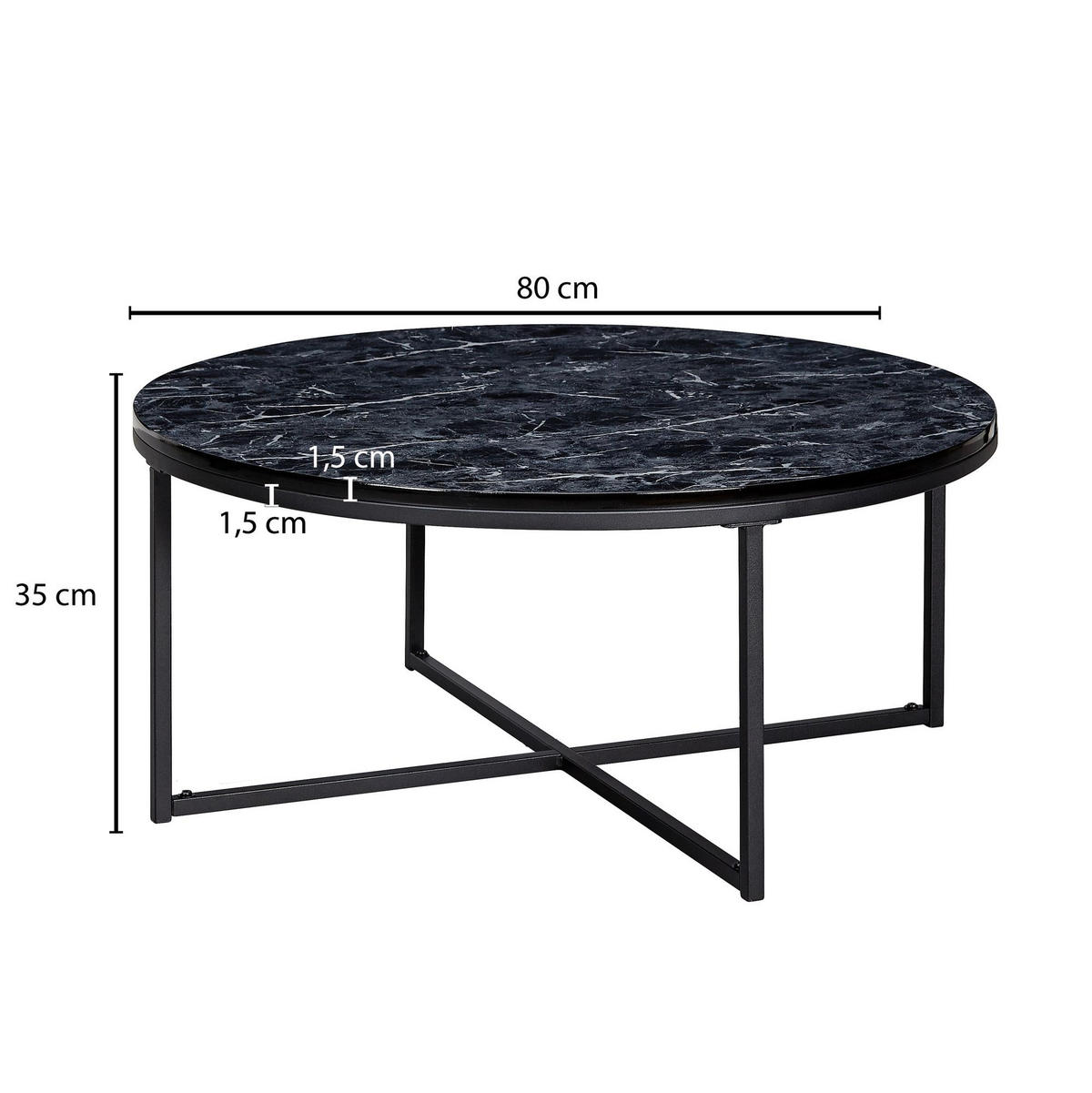 COUCHTISCH mit Marmor-Optik und Hochglanz-Finish, rund, Schwarz 80x80x35 cm - Schwarz, Holz/Metall (80/80/35cm) - KADIMA DESIGN