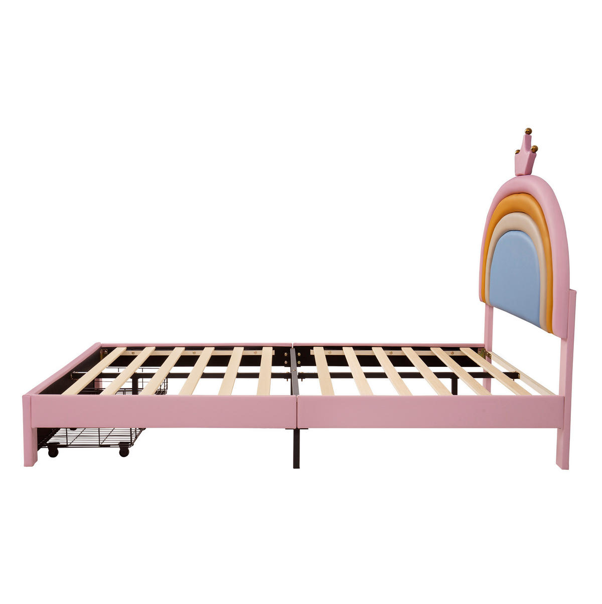 KINDER-POLSTERBETT aus PU 140x200 cm Rosa mit höhenverstellbarem Regenbogen-Kronen-Kopfteil und Schubladen - Pink, Kunststoff (140/200cm) - Modfu