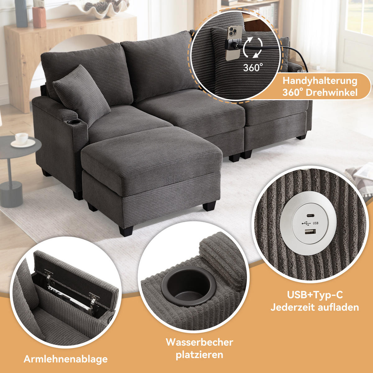 SOFA Modernes 3-Sitzer mit Stoffbezug, Grau – Komfortabel, stilvoll, langlebig, 220 x 90 x 85 cm - Grau, Holzwerkstoff/Textil (213.5/139cm) - Urban Meuble