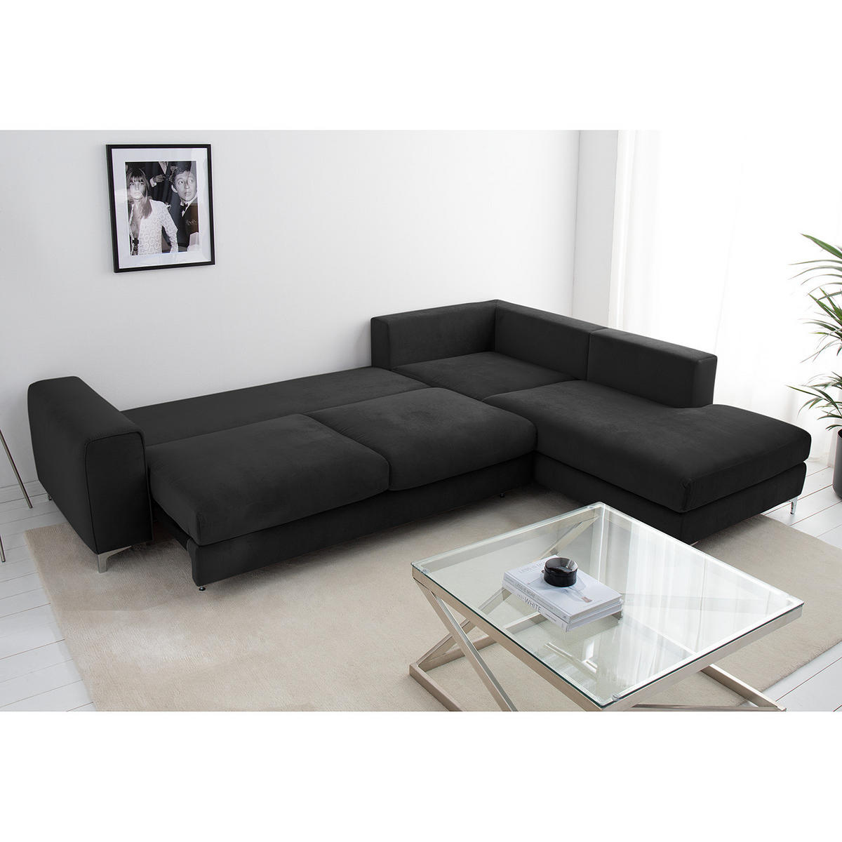 ECKSOFA mit Ottomane - Chromfarben/Dunkelgrau, Textil/Metall (302/1cm) - home24