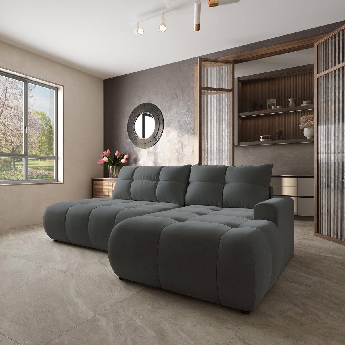 ECKSOFA FLUMA CL R-S Grau Samtstoff mit Schlaffunktion - Grau, Holzwerkstoff/Textil (279/158cm) - MASSENO