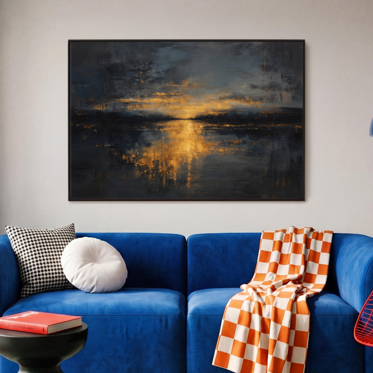 LEINWAND Bilder mit Rahmen - Goldene Reflexion auf dem Wasser - 90x60 - Anthrazit, Textil (90/60cm) - MuchoWow