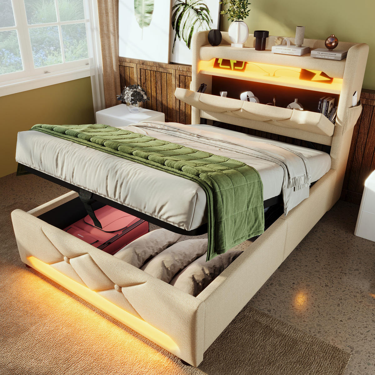 POLSTERBETT 90/200 cm Beige mit Matratze, LED-Beleuchtung und USB-Anschlüssen - Beige, Textil (90/200cm) - Flora Grace