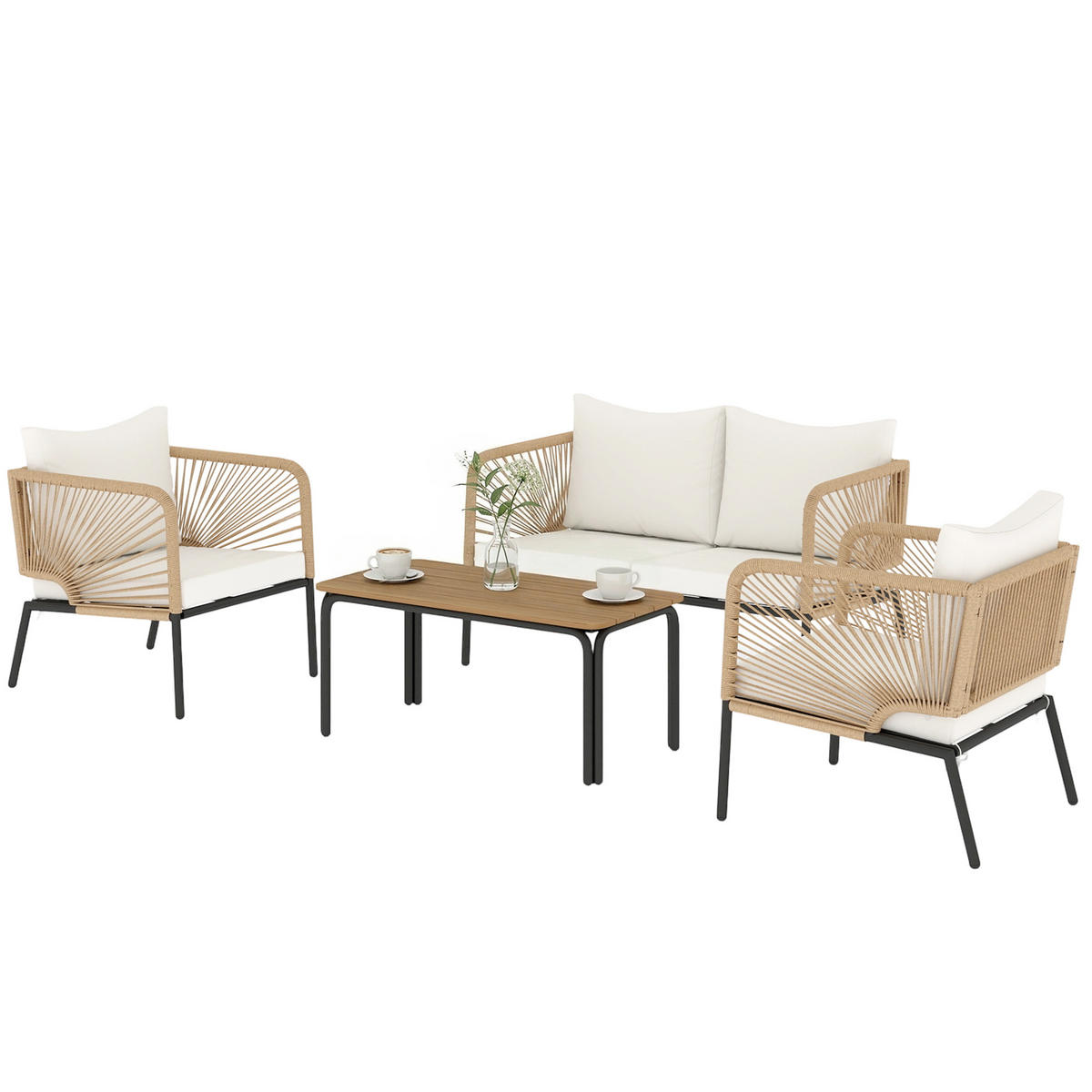 GARTENMÖBEL SET DE-06575, 2er Sofa, 2 Sessel, Lamell-Tisch, Seilflecht Grau - Weiß, Kunststoff/Metall - ComfortXL
