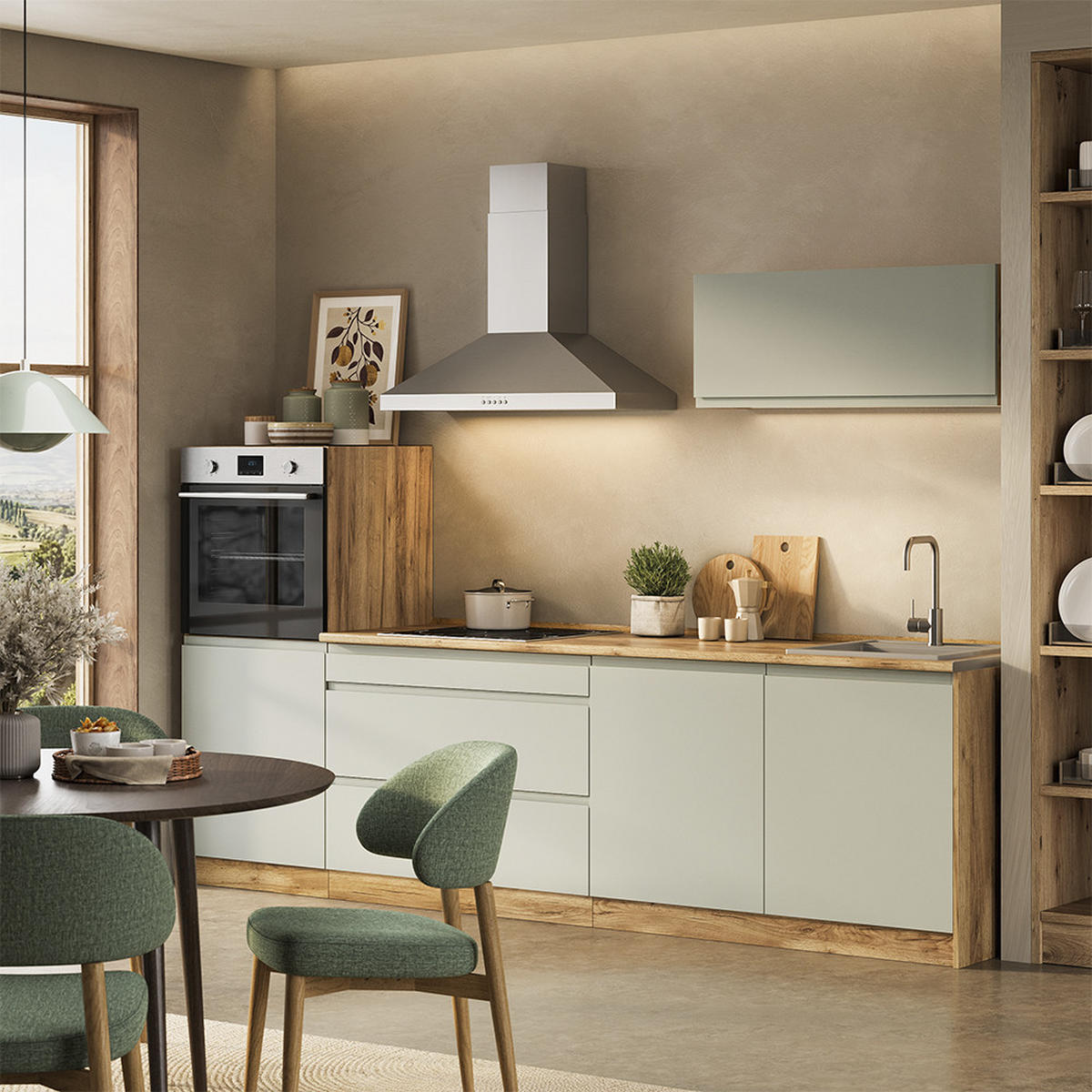KÜCHENZEILE R-Line, Pastellgrün/Goldkraft Eiche, 280 cm Arbeitsplatte Weiß - Eichefarben/Pastellgrün, Holzwerkstoff (280/143/60cm) - Vicco