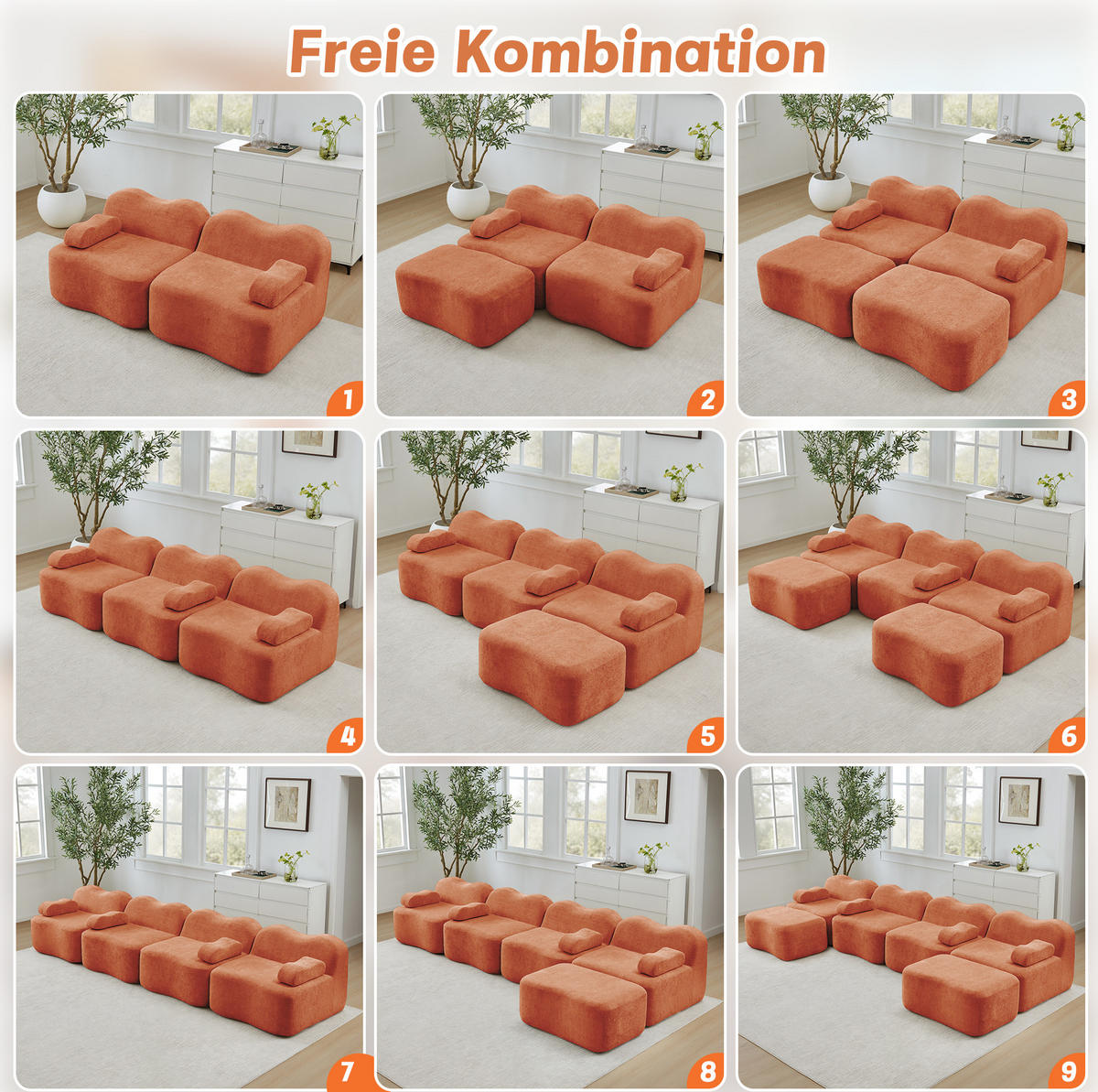 ECKSOFA 288/167/70 cm modular Orange aus Samt mit tiefer Sitzfläche und 2 Hockern - Orange, Textil (167/288cm) - OKWISH