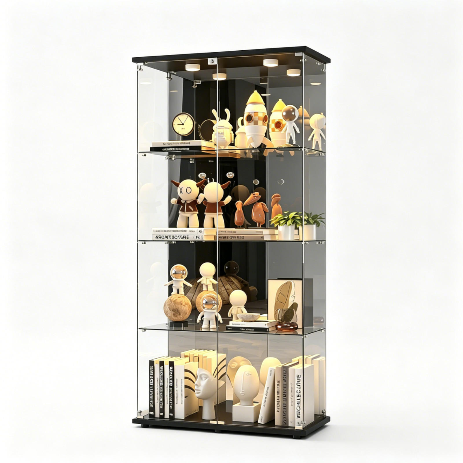 GLASVITRINE LED Vitrinenschrank Schwarz mit 2 Tür 4 Etagen mit Schloss und Spiegeleffekt - Schwarz, Glas (36.49/163.9/80.49cm) - BPKADHY
