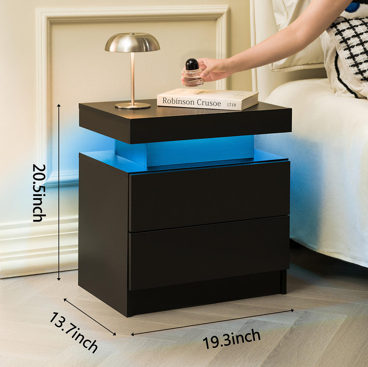 NACHTTISCH 50/53/36 cm schwarz aus Holzwerkstoff mit LED-Beleuchtung und 2 Schubladen - Schwarz, Holzwerkstoff (53/36/50cm) - OKWISH