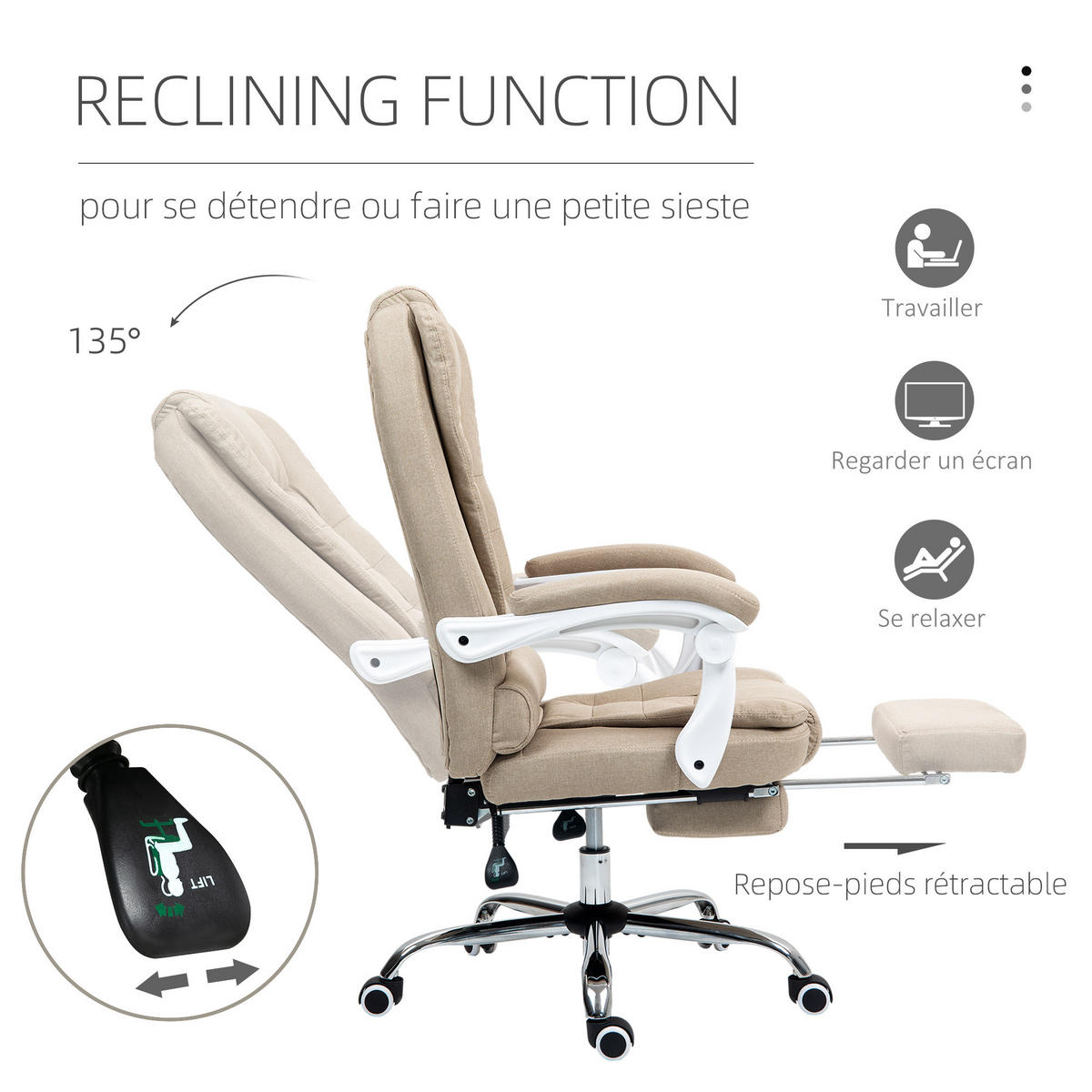 CHEFSESSEL DE-11716 mit Fußstütze & neigbarer Rückenlehne Beige - Beige, Textil (70/118/66cm) - ComfortXL