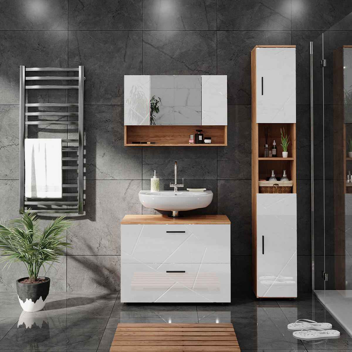 BADMÖBEL-SET Irma Weiß Hochglanz/Goldkraft Eiche 3 Teile Spiegelschrank 80 cm - Weiß Hochglanz/Eiche Wotan, Holzwerkstoff (80/58.6/41cm) - Vicco
