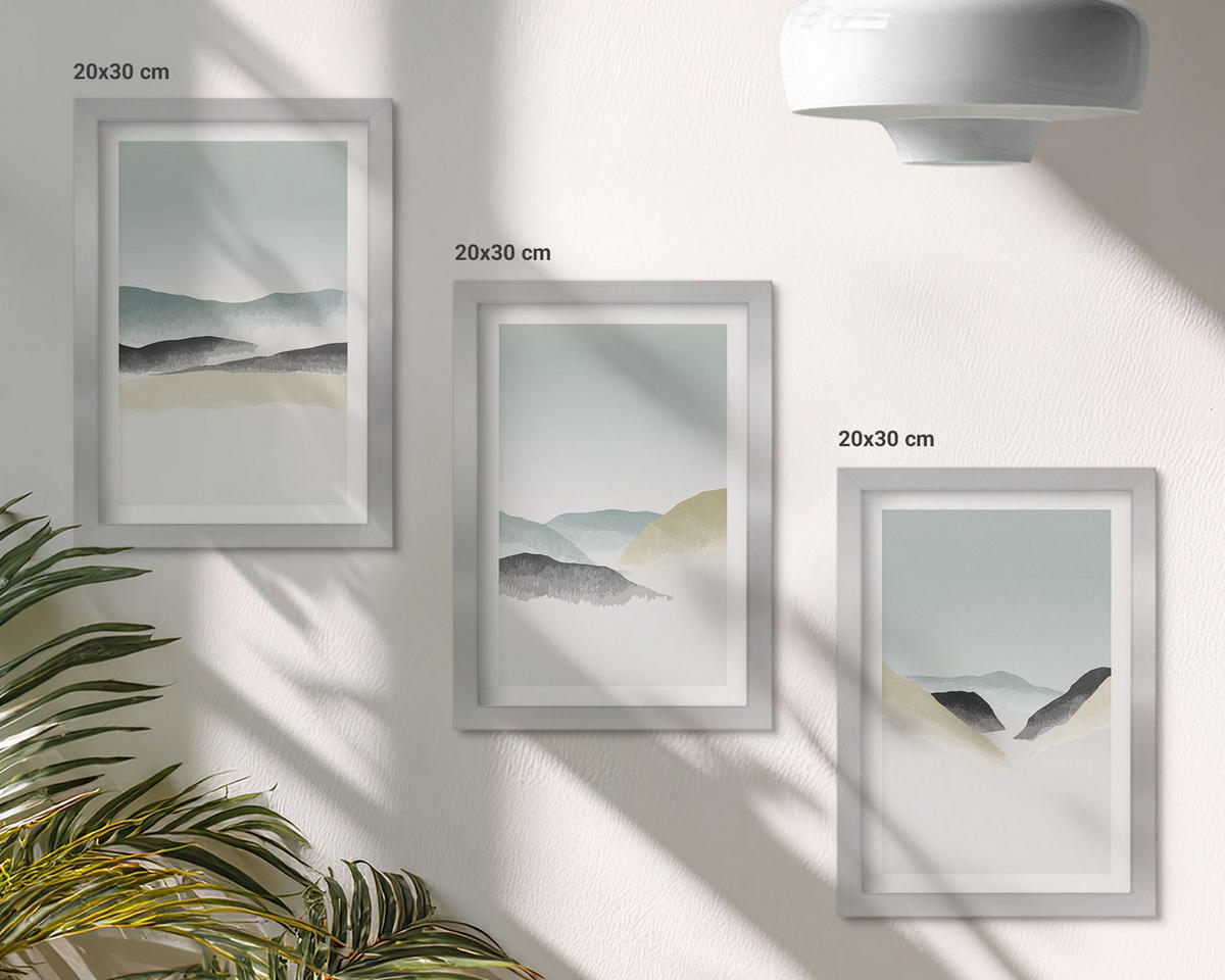 WANDBILDER 3er Set - 20x30 cm Silberner Rahmen - Minimalistische Pastellberge - Silberfarben, Kunststoff (20/30cm) - ArtPrintCave