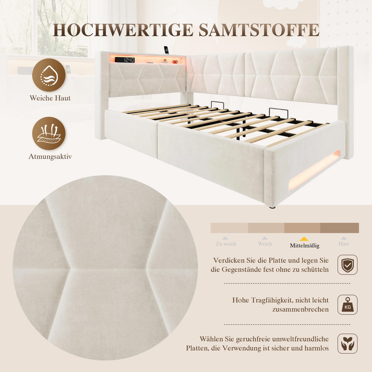 BOXBETT 90/200cm, LED/USB-C, Bettkasten, Lattenrost, Beige - Beige, Holz/Metall (90/200cm) - LVHOM