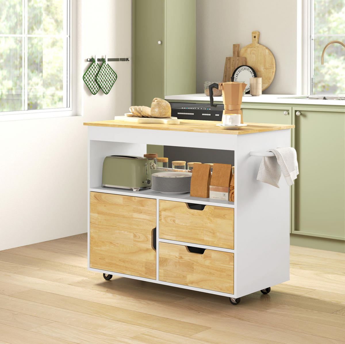 KÜCHENINSEL 107/50/85 cm mit Kautschukholz-Arbeitsplatte, Schubladen, Schrank und Rollen, Eiche - Eichefarben, Holz (107/85/50cm) - Redom