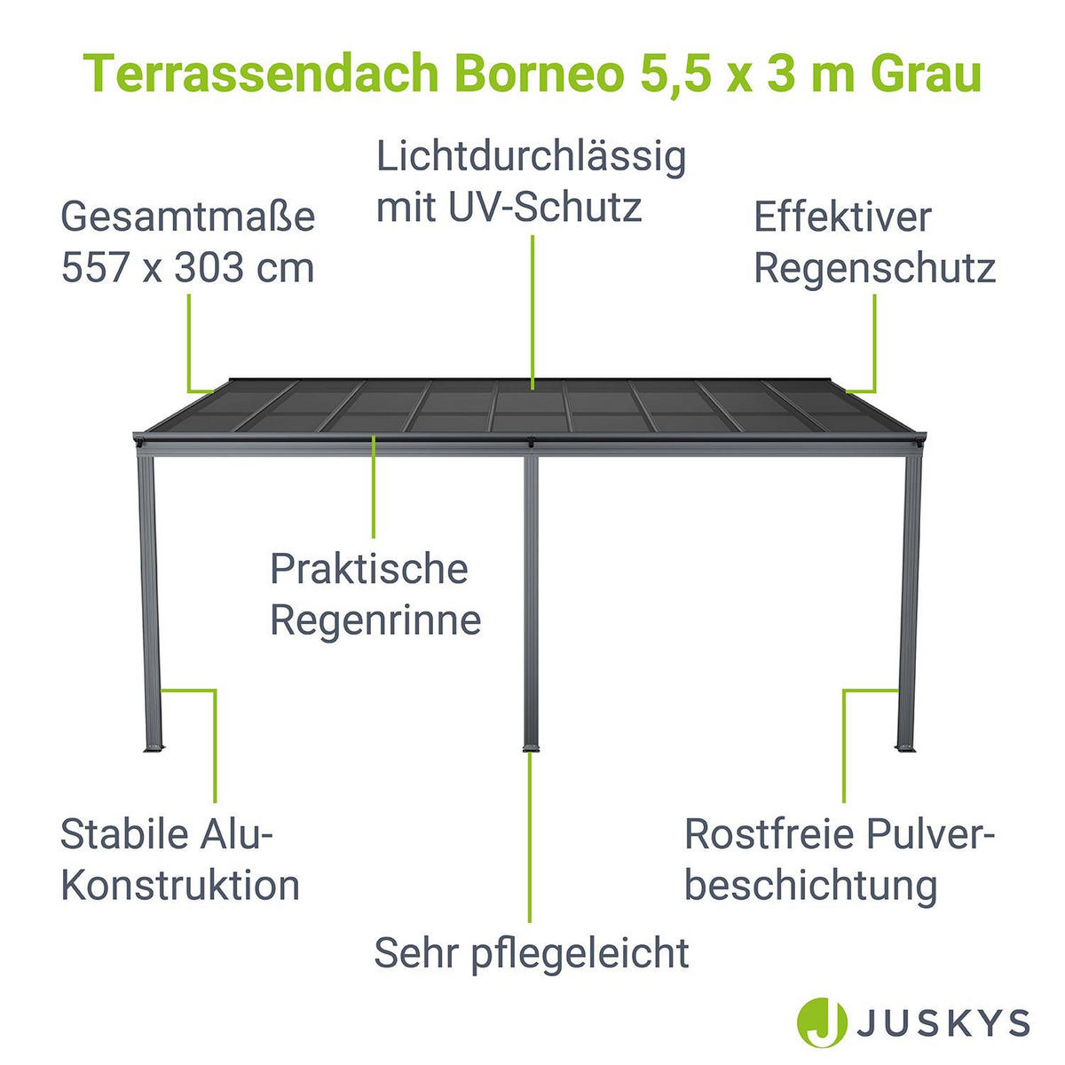 TERRASSENDACH Borneo Aluminium 5,5x3m dunkelgrau - Dunkelgrau, Metall (557/278/303cm) - Juskys