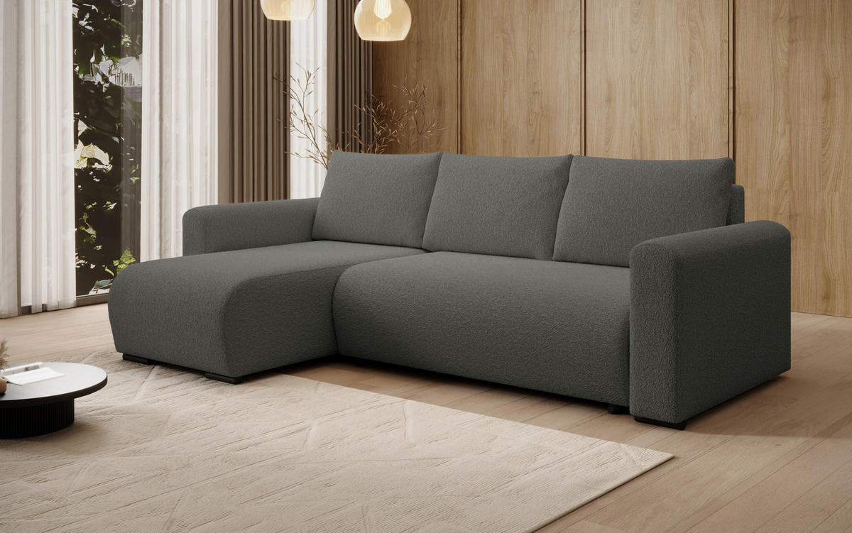 ECKSOFA DORA L, Eckcouch in L-Form mit Schlaffunktion und Bettkasten, Farbe: Dunkelgrau, Bouclé-Stoff, Ottomane Links - Dunkelgrau, Textil (240/143cm) - Storez24