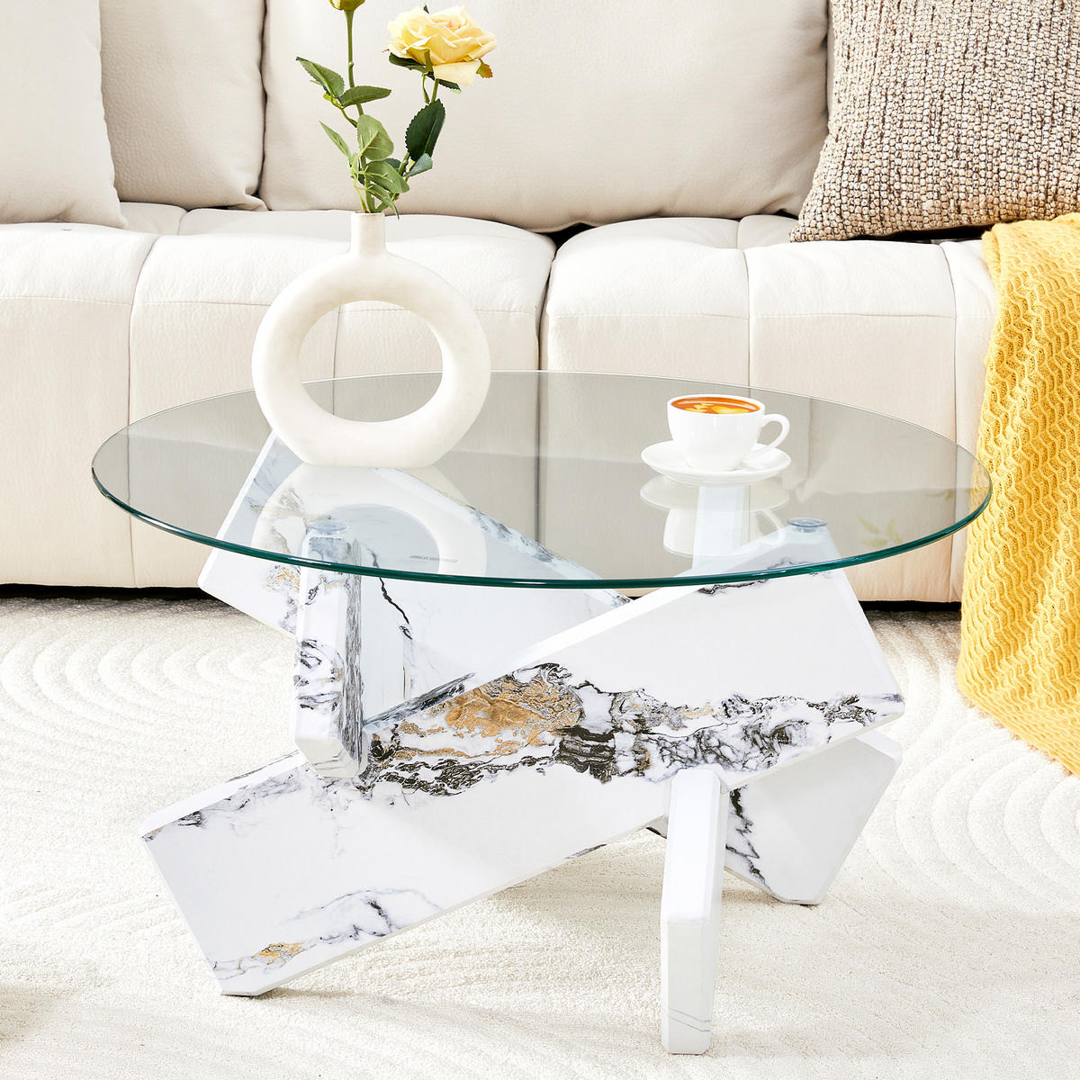 COUCHTISCH in Weiß Wohnzimmertisch mit Kreativer kreuzförmiger Holzrahmen für Wohnzimmer, B79/T79/H45 cm - Transparent/Weiß, Glas/Holzwerkstoff (79/79/45cm) - STILVORA