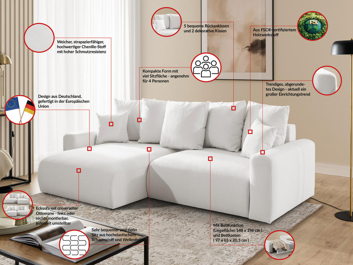 ECKSOFA Calma mit Schlaffunktion und Bettkasten im Bumpy-Design aus weichem Creme Webstoff - Ottomane links - Creme/Schwarz, Holz/Kunststoff (239/140cm) - S-Style