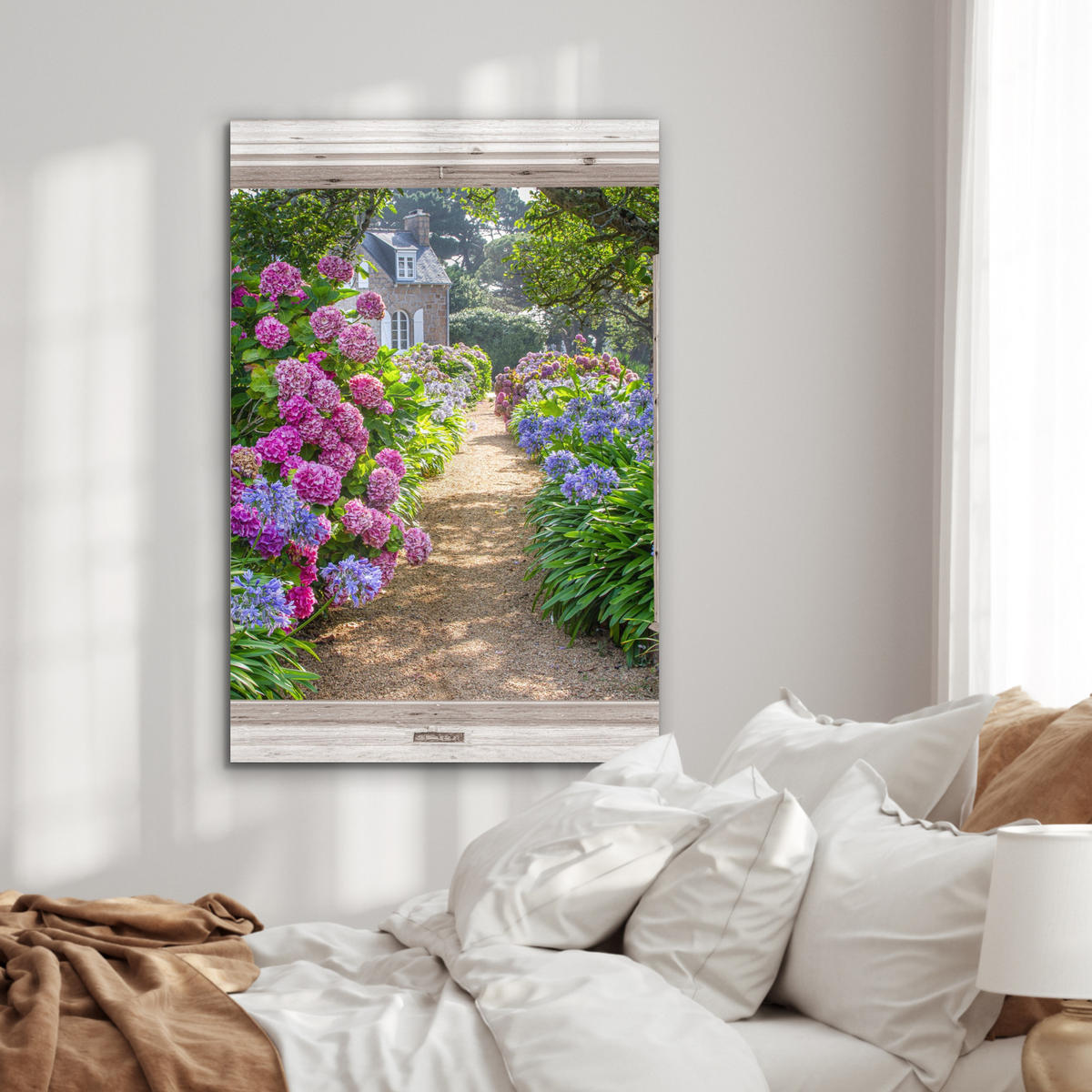 METALLBILD Hortensie - Fensterblick - Blumen - Sommer - Lila - Weg 60x90 cm - Lila, Metall (60/90cm) - MuchoWow