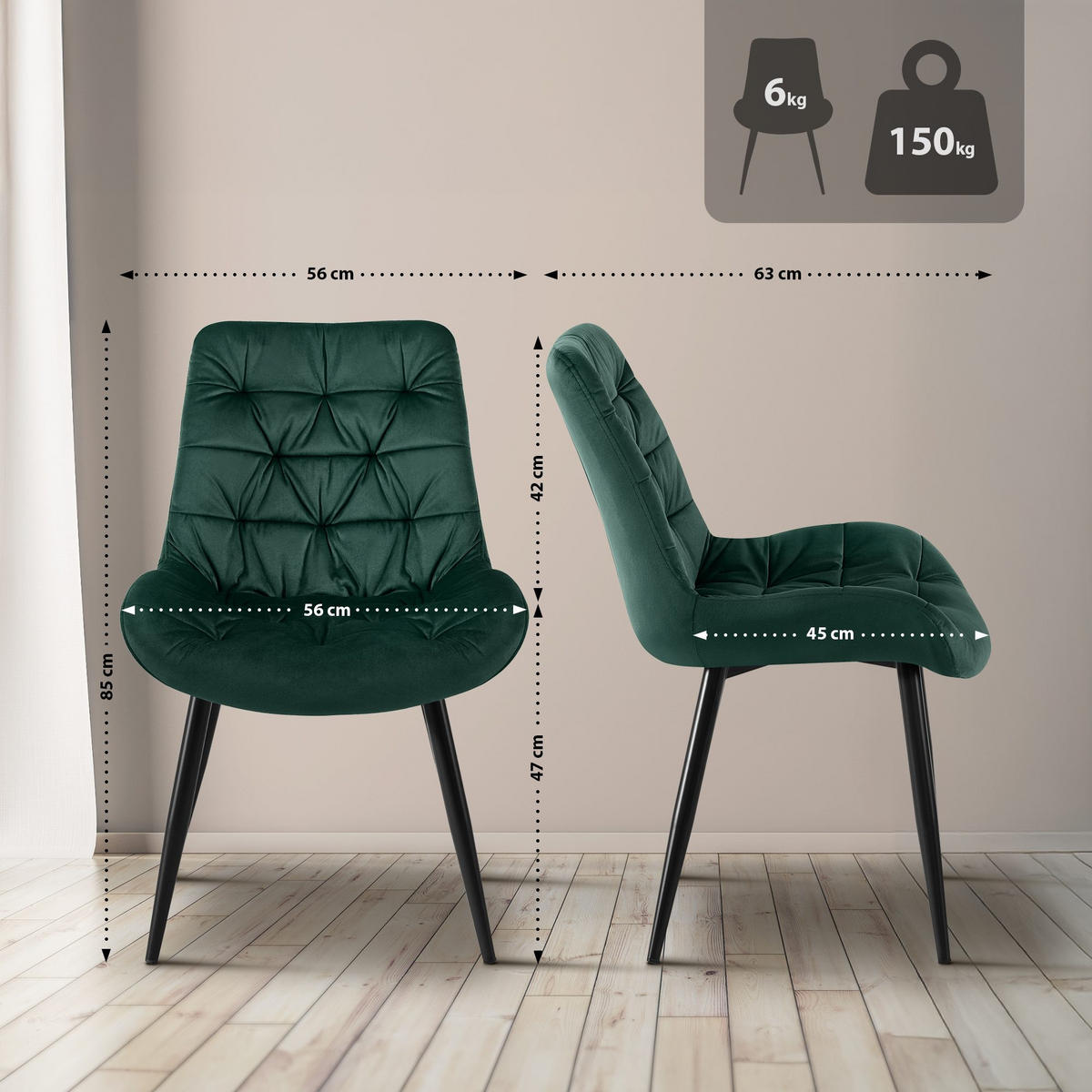 STUHL 2er Set Samt Grün - Schwarz/Grün, Textil/Metall (56/85/63cm) - CLP