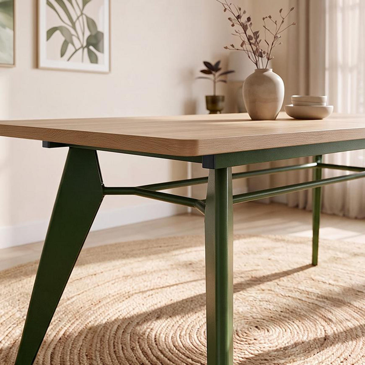 ESSTISCH ausziehbar 140/180cm Metallbeine Khaki und Tischplatte Eiche-Optik Meloe - Eichefarben/Grün, Holzwerkstoff/Metall (90/140/76cm) - Sicaan