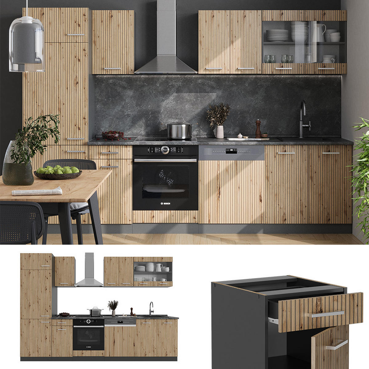 KÜCHE R-Line Artisan Eiche/Anthrazit 300 cm, AP Marmor - Anthrazit/Eiche Artisan, Holzwerkstoff (300/81.6/60cm) - Vicco