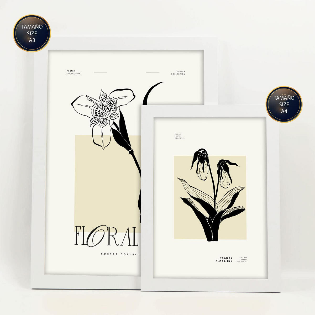 POSTER Set Mit 6 In Schwarzer Tinte Tropische Orchideen A3 & A4 Weißer Rahmen - Weiß, Papier (29/3cm) - Nacnic