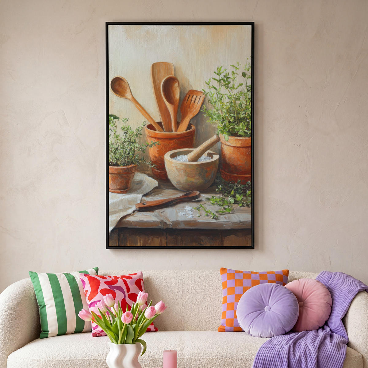 LEINWAND Bilder mit Rahmen - Töpfe - Kräuter - Holz - 80x120 - Terracotta, Textil (80/120cm) - MuchoWow