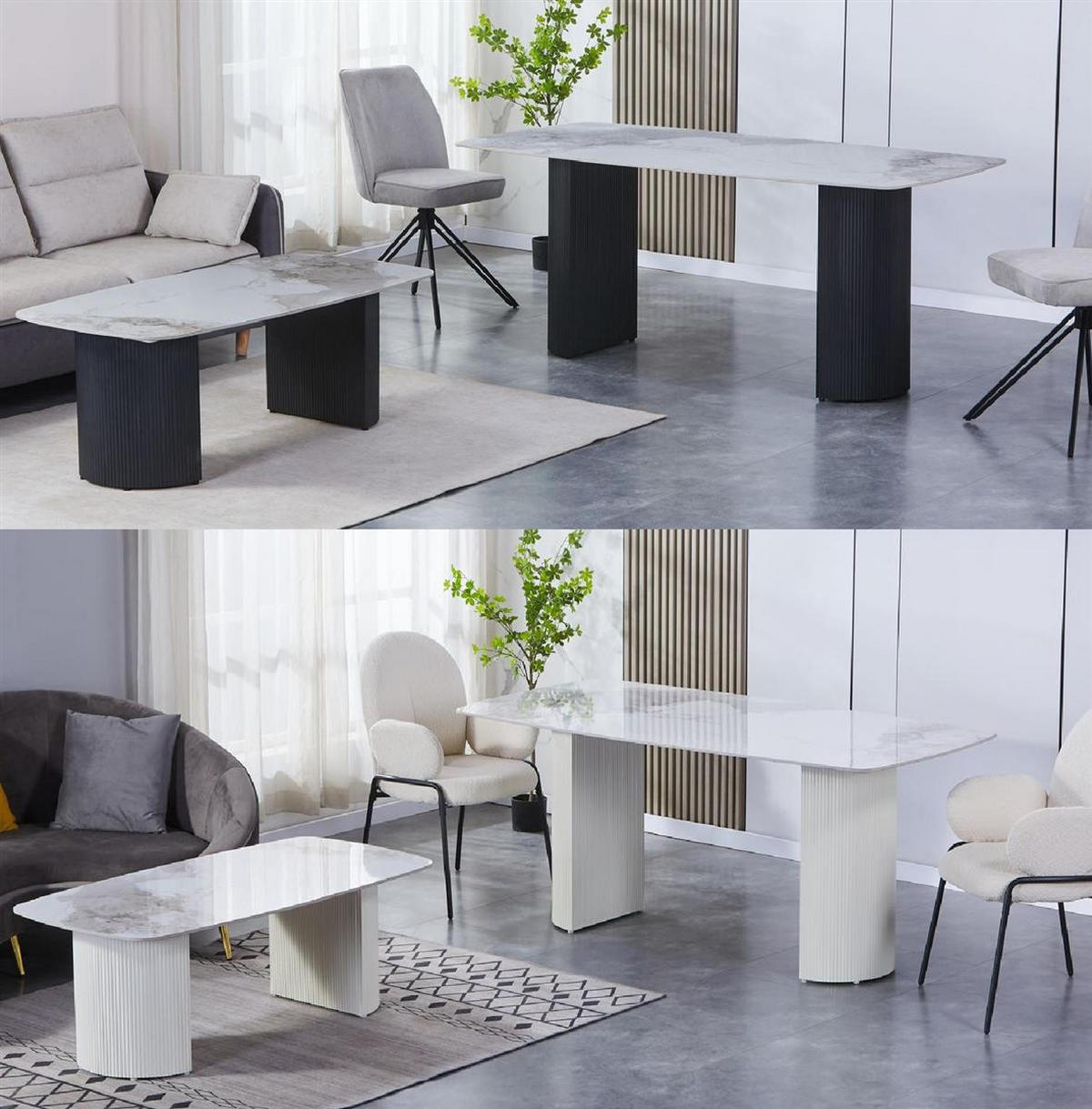 ESSTISCH Keramik Marmor-Optik geriffeltes Säulengestell Weiß 180 × 90 cm - Weiß, Keramik/Metall (90/180/75cm) - HOOZ