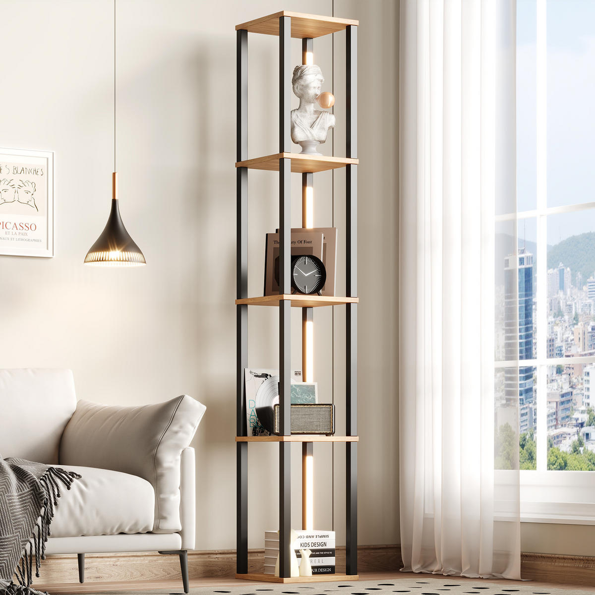 VITRINE in Schwarz Regal mit einstellbare LED-Beleuchtung, 26/26/165 cm - Naturfarben, Holzwerkstoff (26/165/26cm) - STILVORA