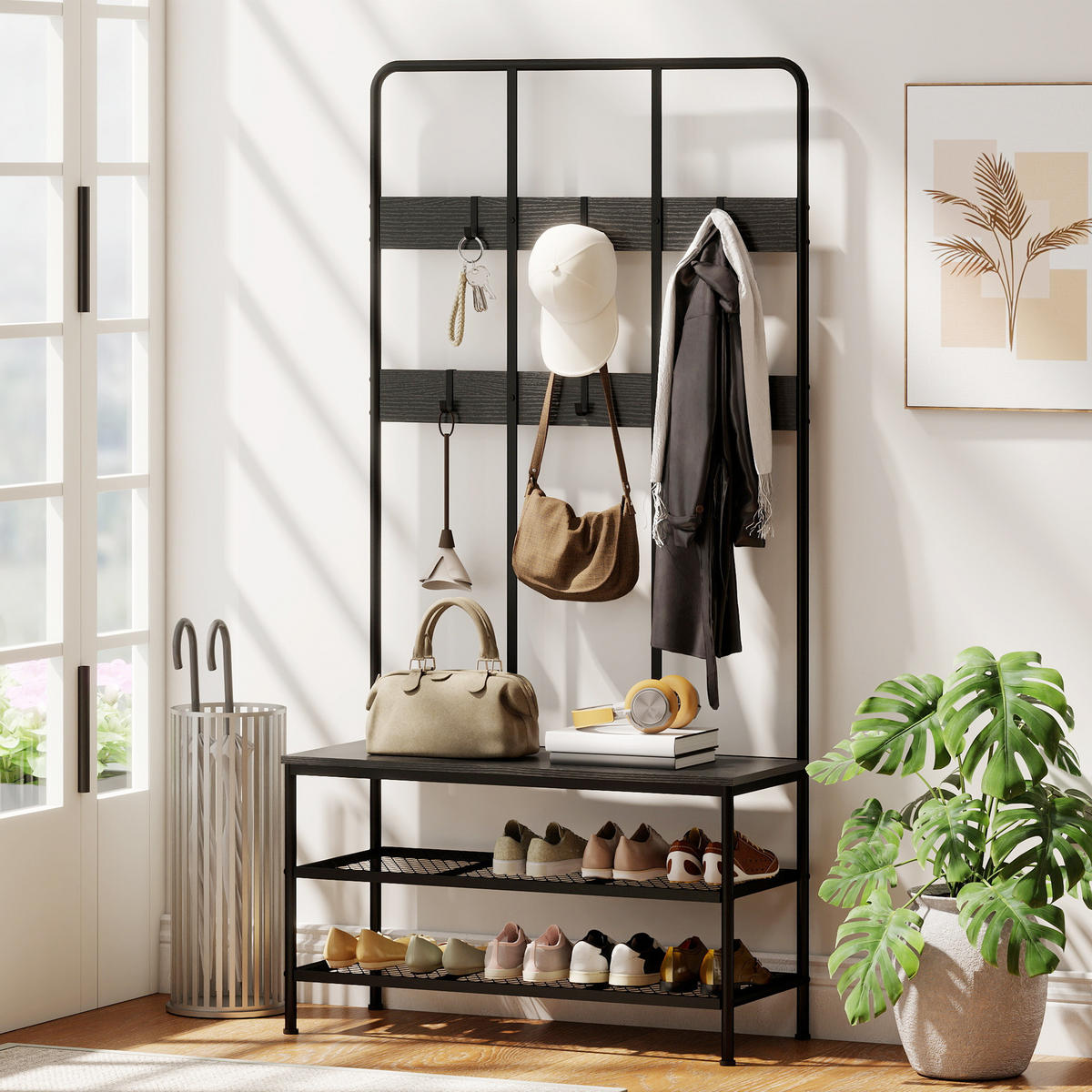 GARDEROBENSTÄNDER 3-in-1 DE-09781 mit Sitzbank und Schuhregal Schwarz - Schwarz, Metall (36/180/91cm) - ComfortXL