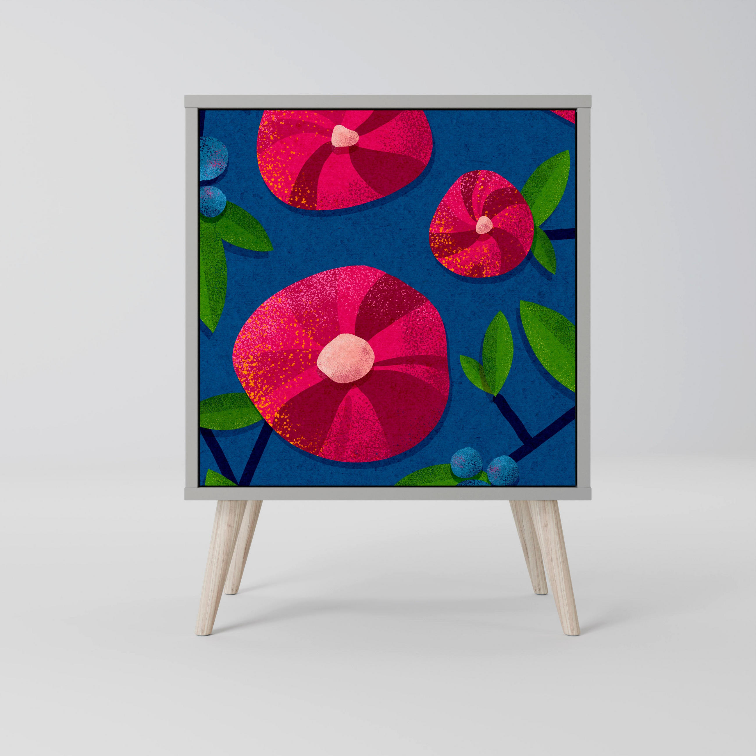 SIDEBOARD SPRING THOUGHTS, Grau, 57,5x42x77,5 cm, Schräge Buchenholzfüße - Buchefarben/Multicolor, Holzwerkstoff/Buchenholz (57.5/77.5/42cm) - SpaceRebels