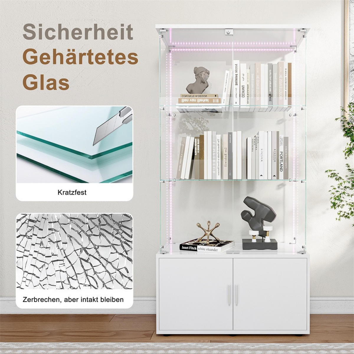 VITRINE - Glasvitrine mit Cabinet-Unterbau - 4 Türen und 3 Ebenen - LED-Lichtband-Beleuchtung - Weiß - Weiß, Glas (78.51/164/35cm) - DELFA