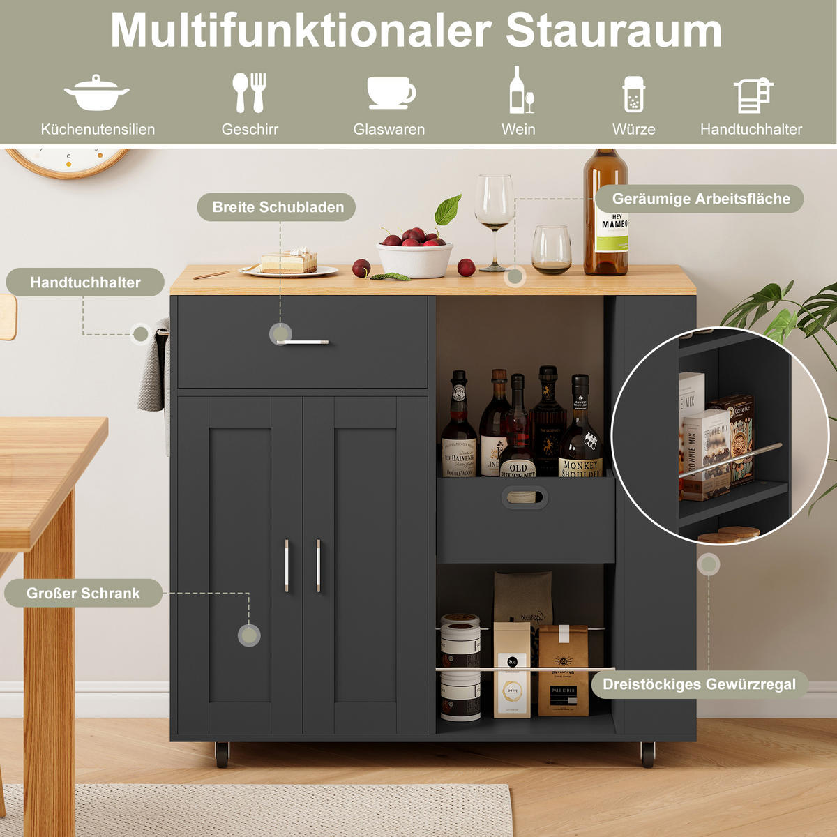 KÜCHENWAGEN rollbar 3 Ebenen Gewürzregal offen schwarz - Schwarz, Holz (46/92/102cm) - LEBENLANG