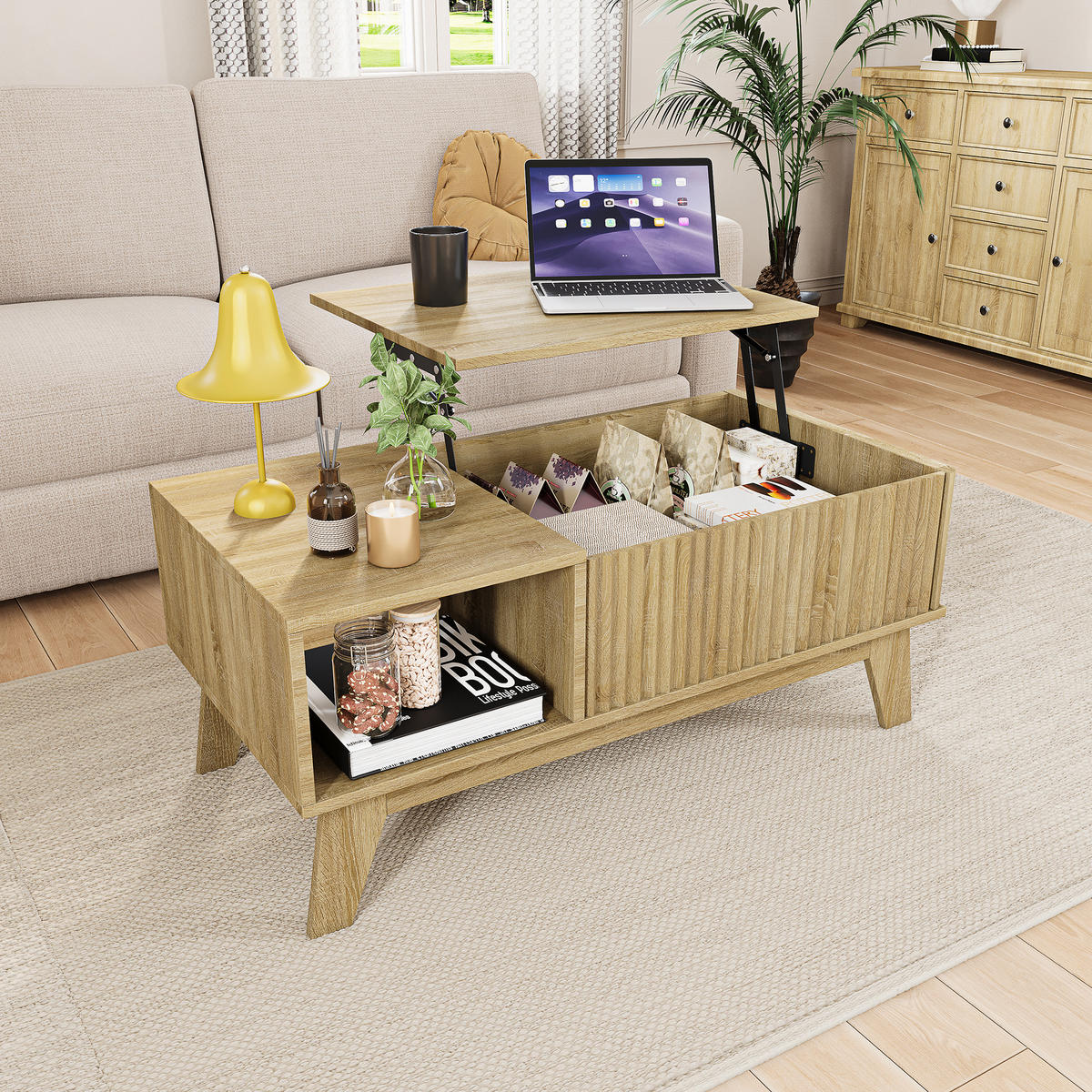 COUCHTISCH höhenverstellbar, holzoptik, mit stauraum - Eichefarben, Holz (95/48/42cm) - SHOPENTRA