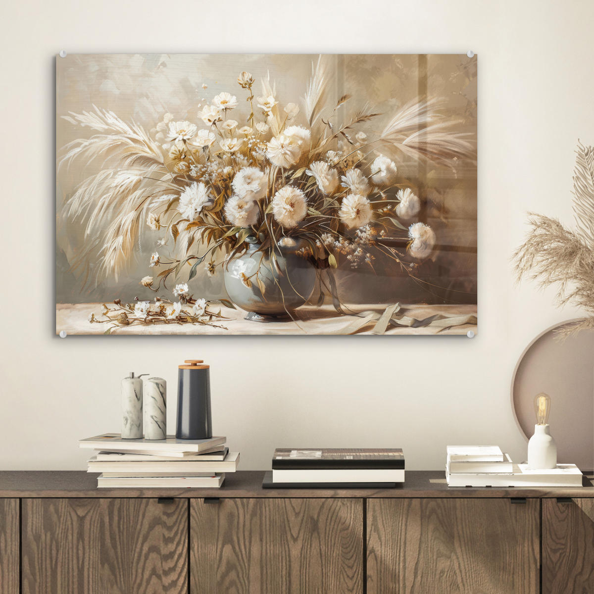 ACRYLGLASBILD Blumen - Vase - Stilleben - Beige 60x40 cm - Creme, Glas (60/40cm) - MuchoWow