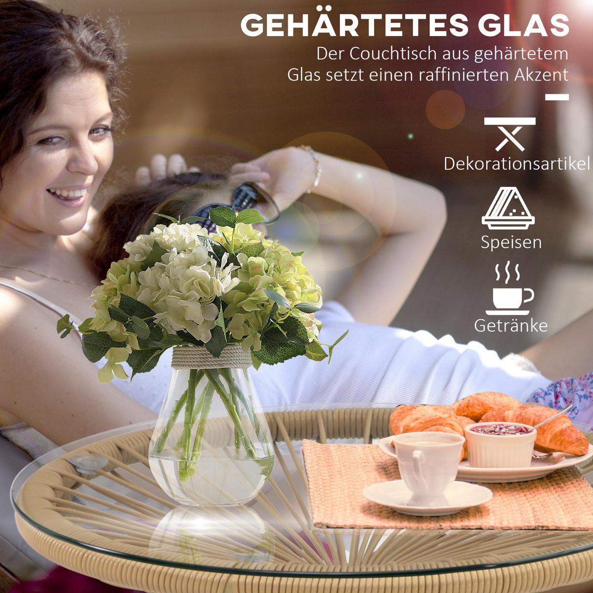 LOUNGETISCH 50/50/50 cm Beige aus Rattan mit Glastischplatte - Beige, Glas (50/50/50cm) - OKMYHOME
