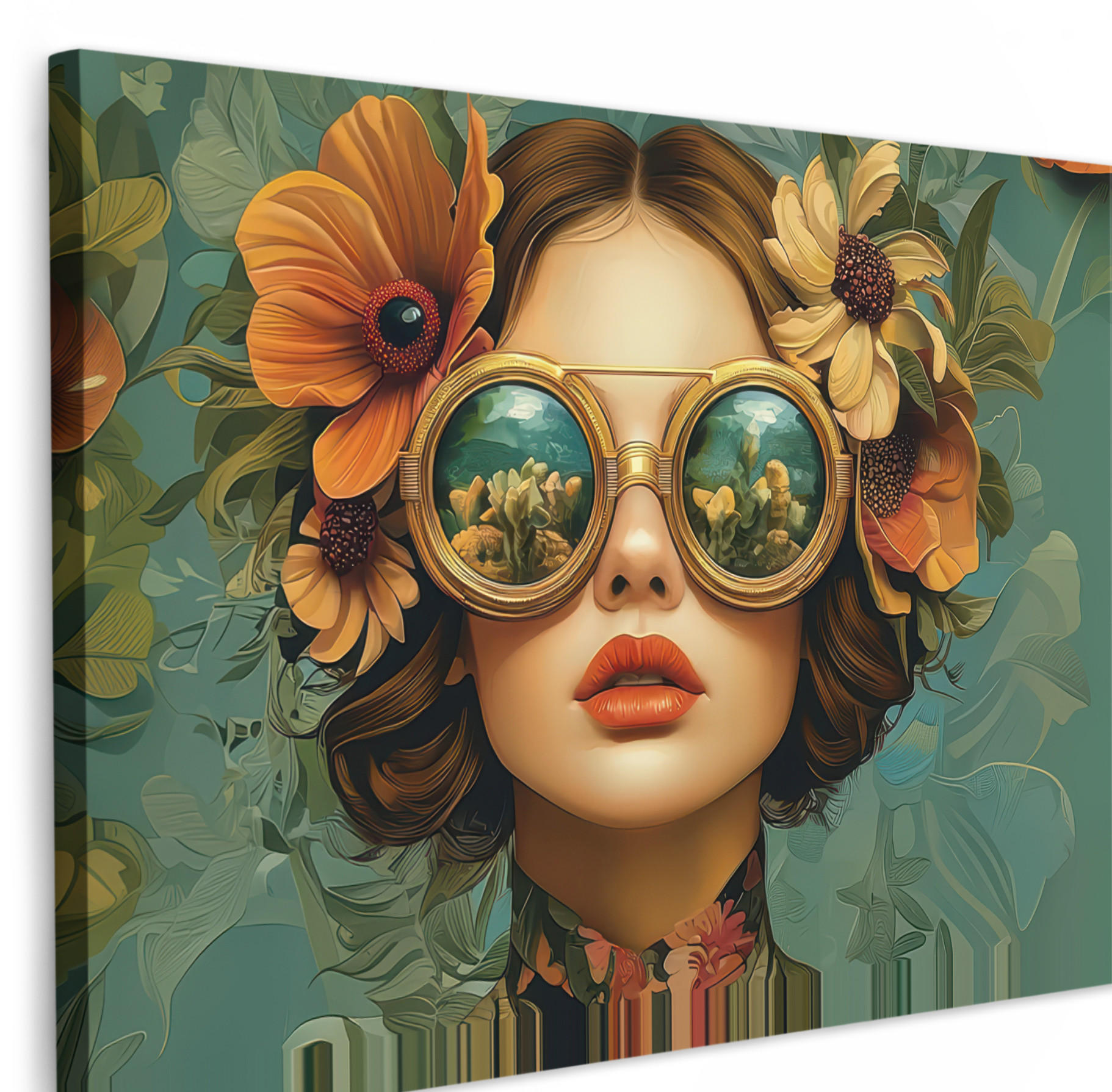 LEINWANDBILD Frau - Blumen - Schmetterlinge - Natur - Vintage Wanddeko 90x60 cm - Salbeigrün, Textil (90/60cm) - MuchoWow