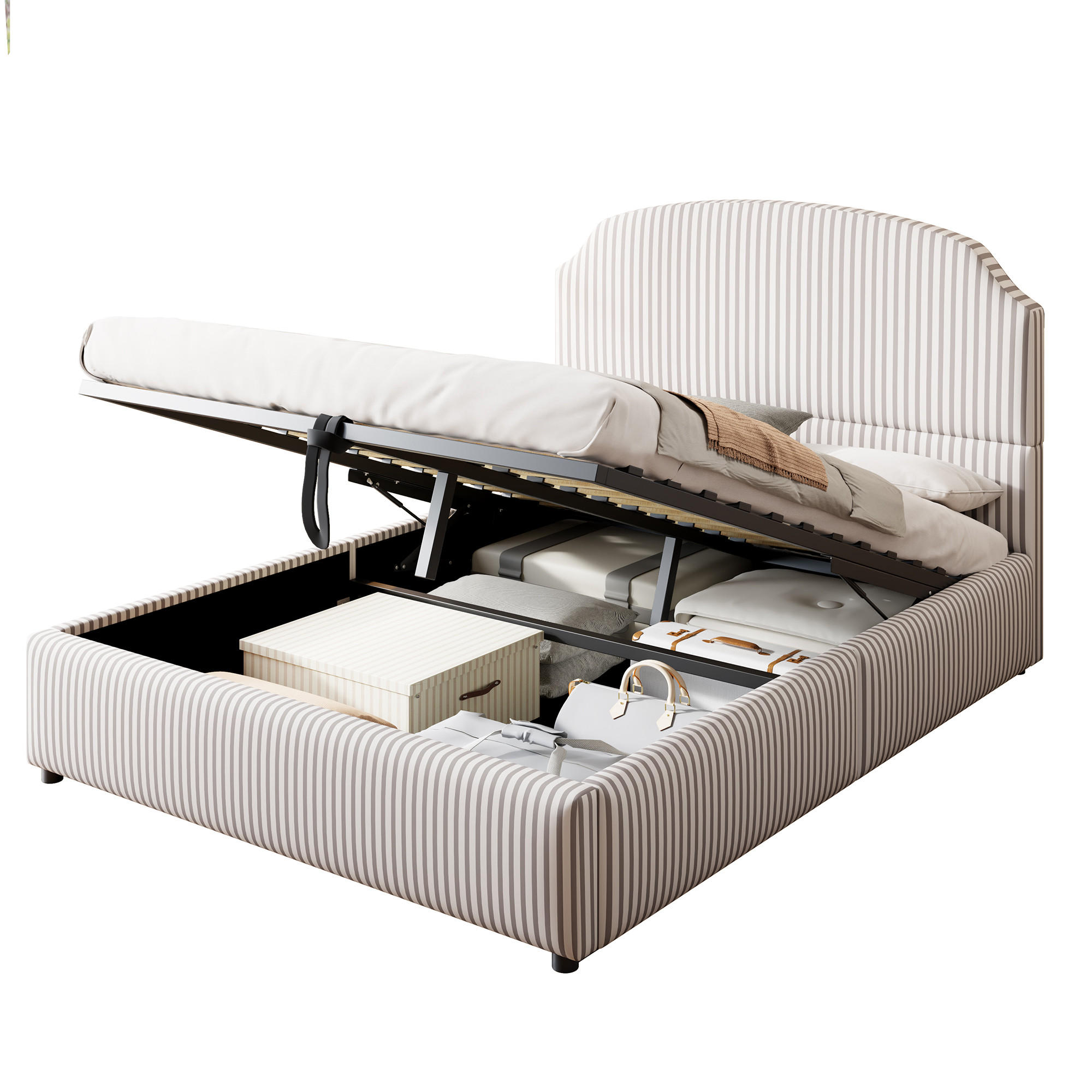 POLSTERBETT 140/200 cm Weiß Anthrazit mit hydraulischem Stauraum und Streifenstoff - Weiß, Textil (140/200cm) - OKWISH