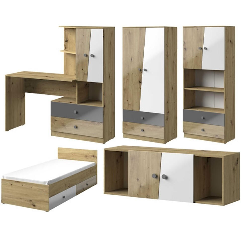 JUGENDZIMMER-SET Nero 5-teilig Artisan Eiche / Weiß-Grau-Hochglanz 324 / 204 / 190cm - Eichefarben/Grau, Holz/Holzwerkstoff (324/190/204cm) - Feldmann-Wohnen