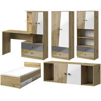 JUGENDZIMMER-SET Nero 5-teilig Artisan Eiche / Weiß-Grau-Hochglanz 324 / 204 / 190cm - Eichefarben/Grau, Holz/Holzwerkstoff (324/190/204cm) - Feldmann-Wohnen