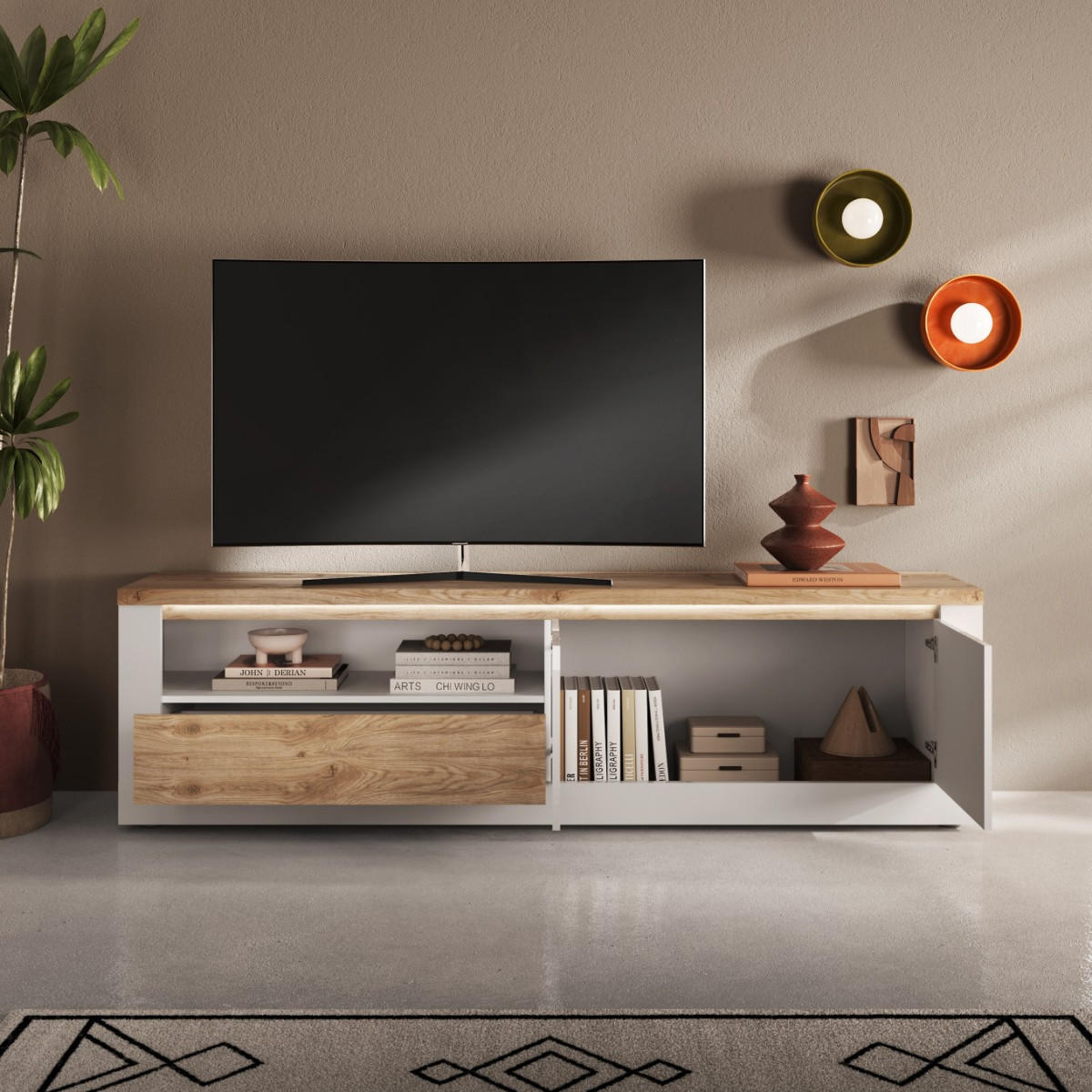 TV-MÖBEL2 Türen LED-Beleuchtung Eichendekor und Weiß 207/43/58 cm - Weiß, Holzwerkstoff (43/58/207cm) - Calicosy