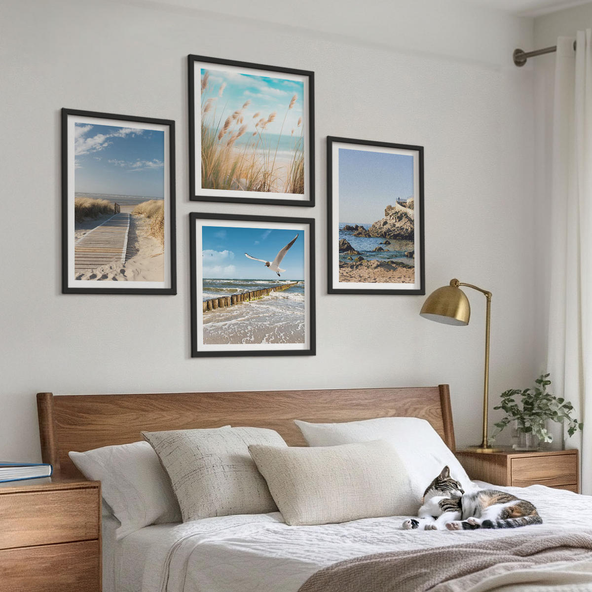 BILDER SET 4er Set - 50x50 cm & 40x60 cm Schwarzer Rahmen - Strand Holzsteg Klippen - Schwarz, Kunststoff (50/50cm) - TULUP