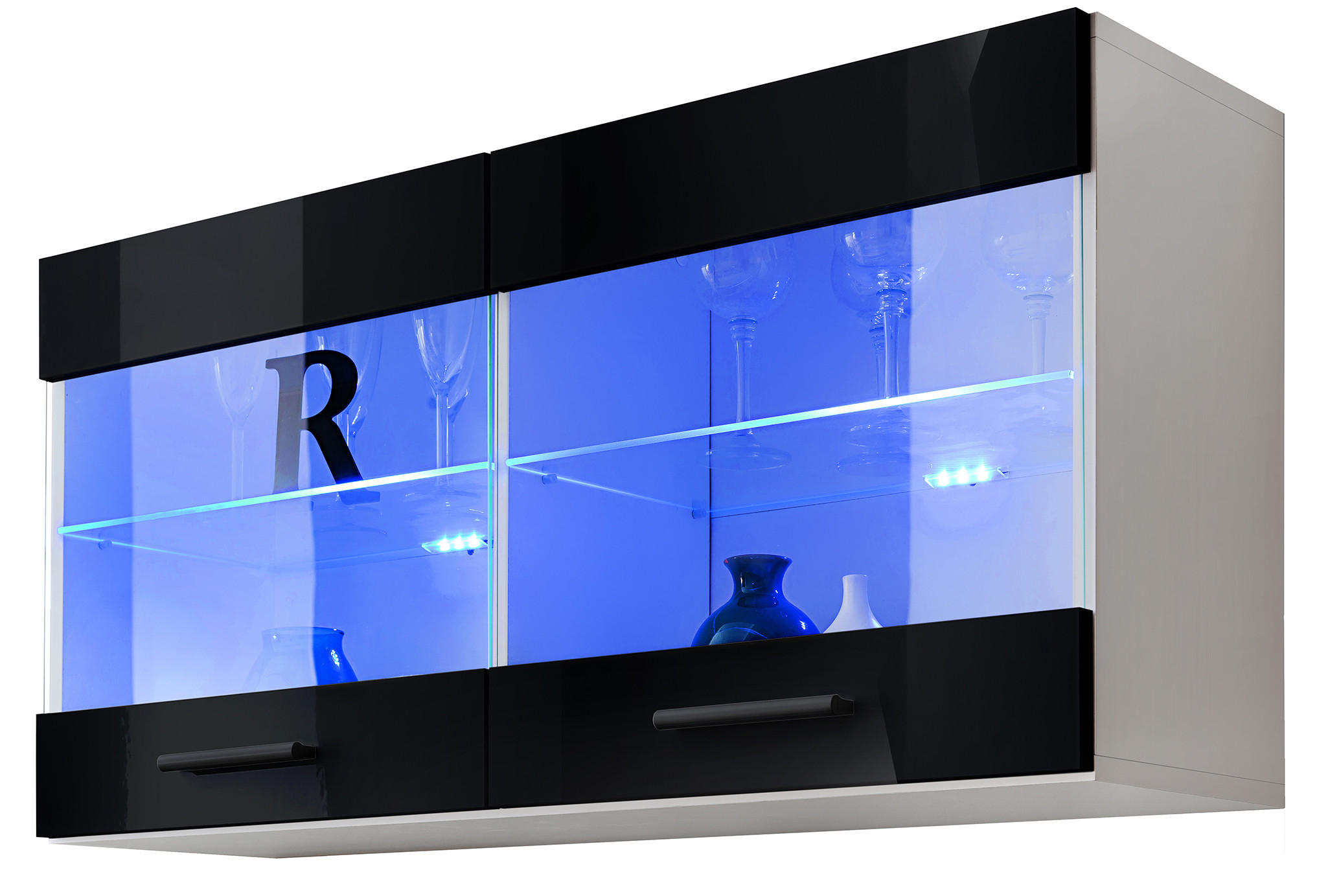 HÄNGEVITRINE SAVONA, Schwarz, LED Blau - Schwarz/Weiß, Glas/Holzwerkstoff (100/50/27.2cm) - Komodee