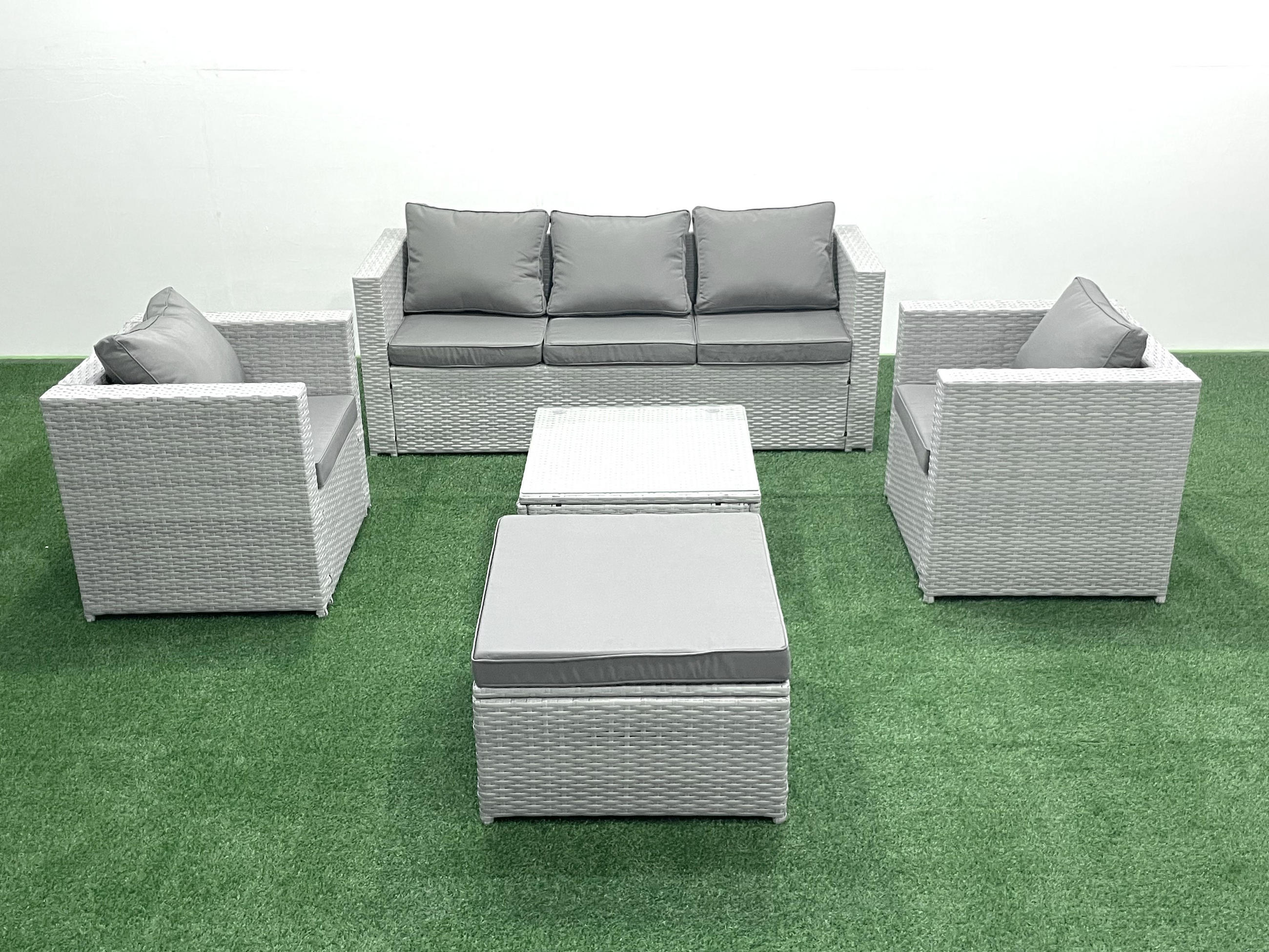 GARTENMÖBEL-SET mit Kissen Polyrattan Hellgrau-Mix 6-Sitzer - Hellgrau/Grau, Glas/Kunststoff - Fimous
